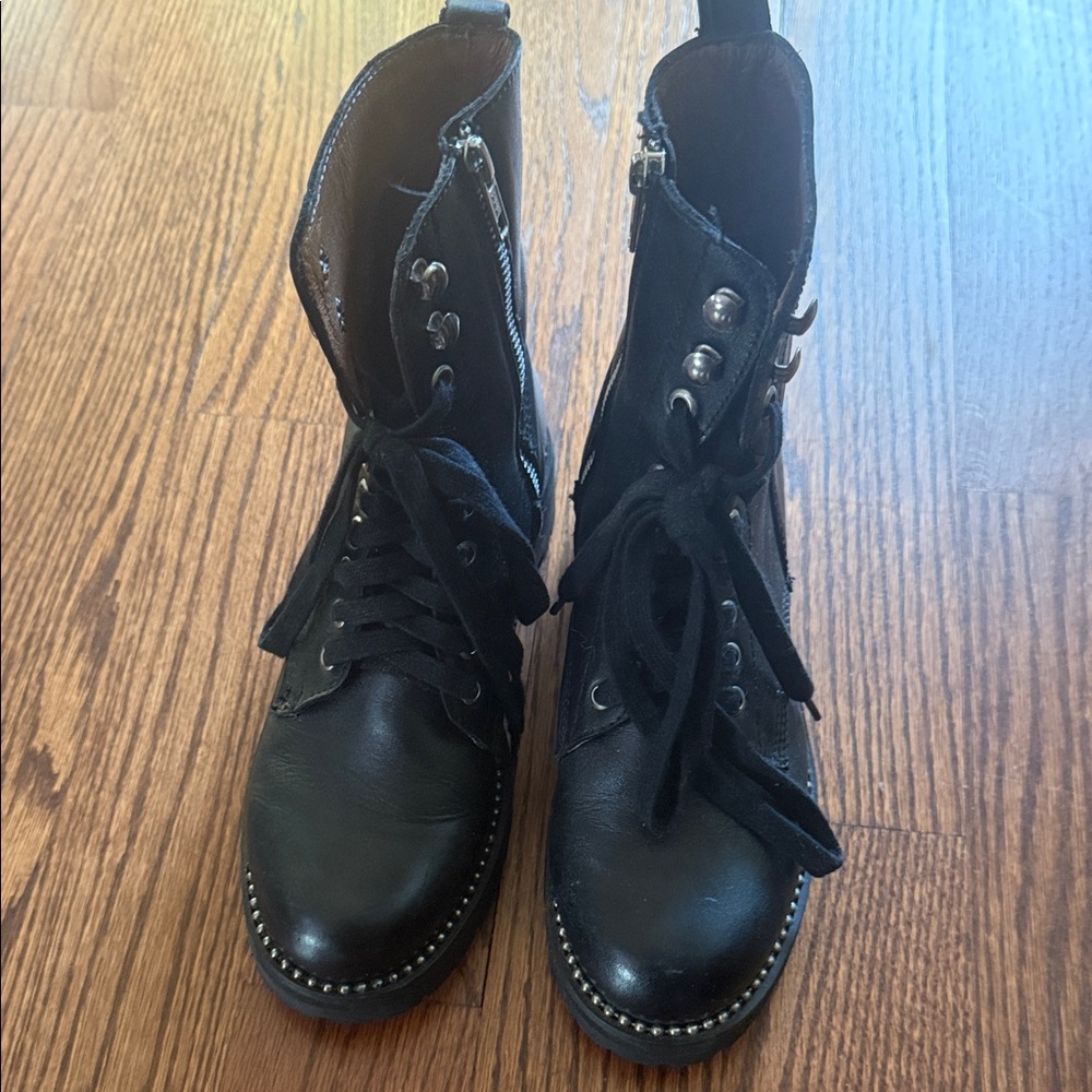 Aqua Black Leather Combat Boots